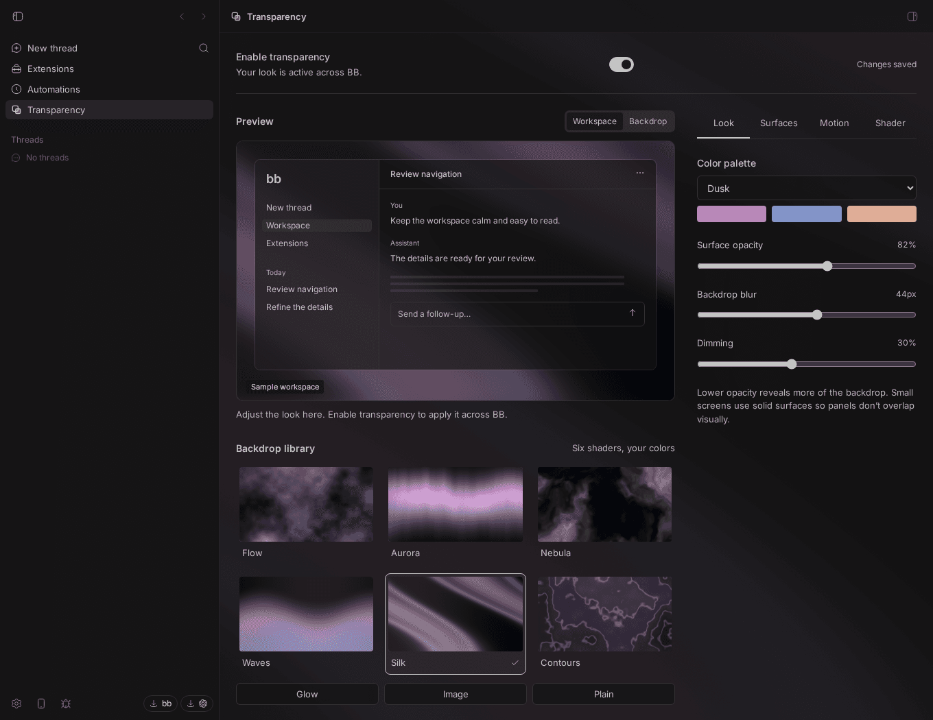 Transparency’s backdrop studio with six shaders, a live workspace preview, and color and opacity controls.