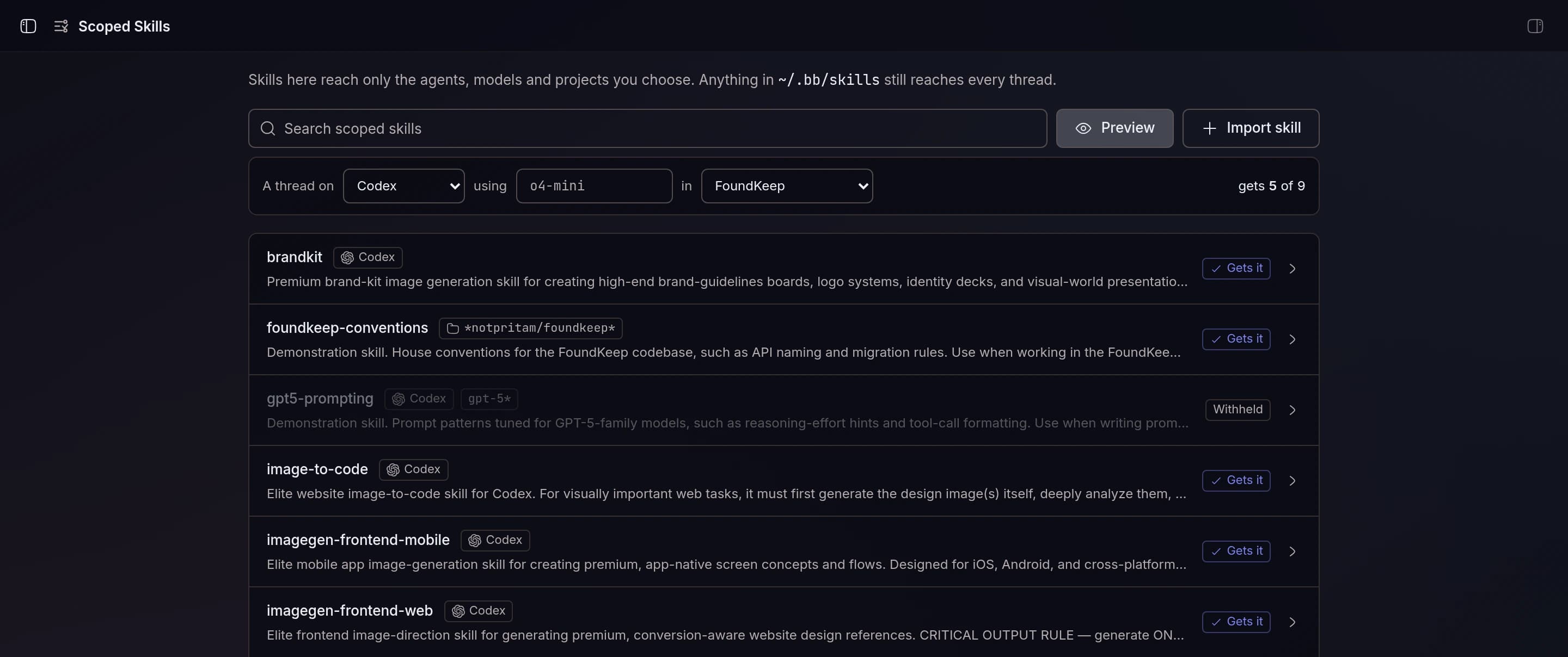 The Scoped Skills library previewed as a Codex thread on o4-mini in FoundKeep: five skills marked Gets it, a GPT-5-only demonstration skill marked Withheld.