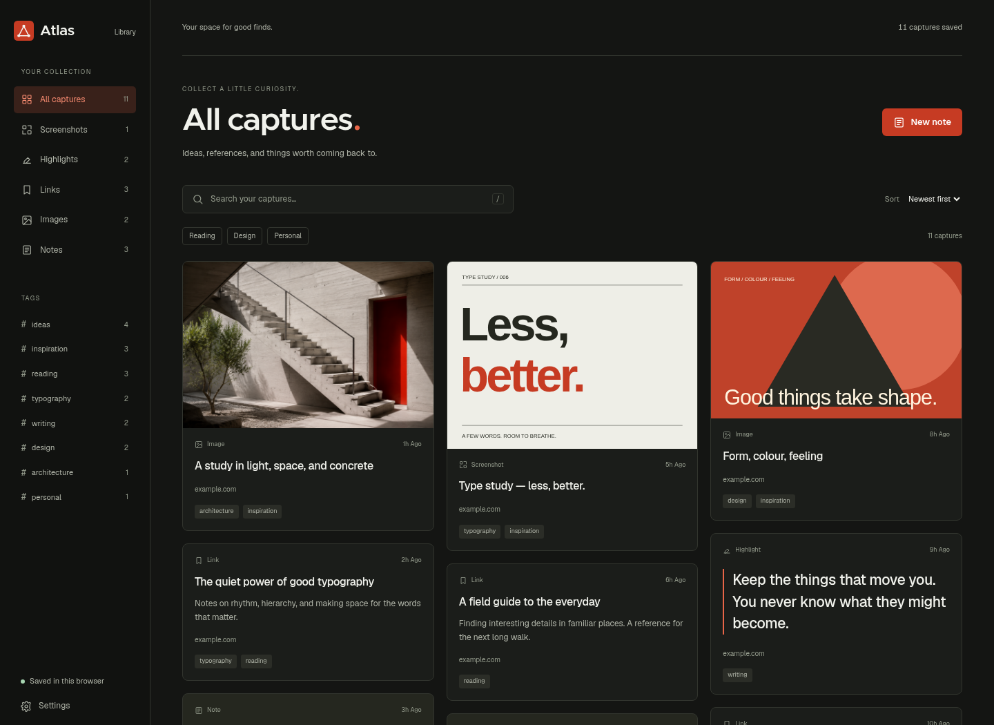 Atlas library with a charcoal sidebar, capture filters, keyword search, and a visual grid of saved images, highlights, links, and notes
