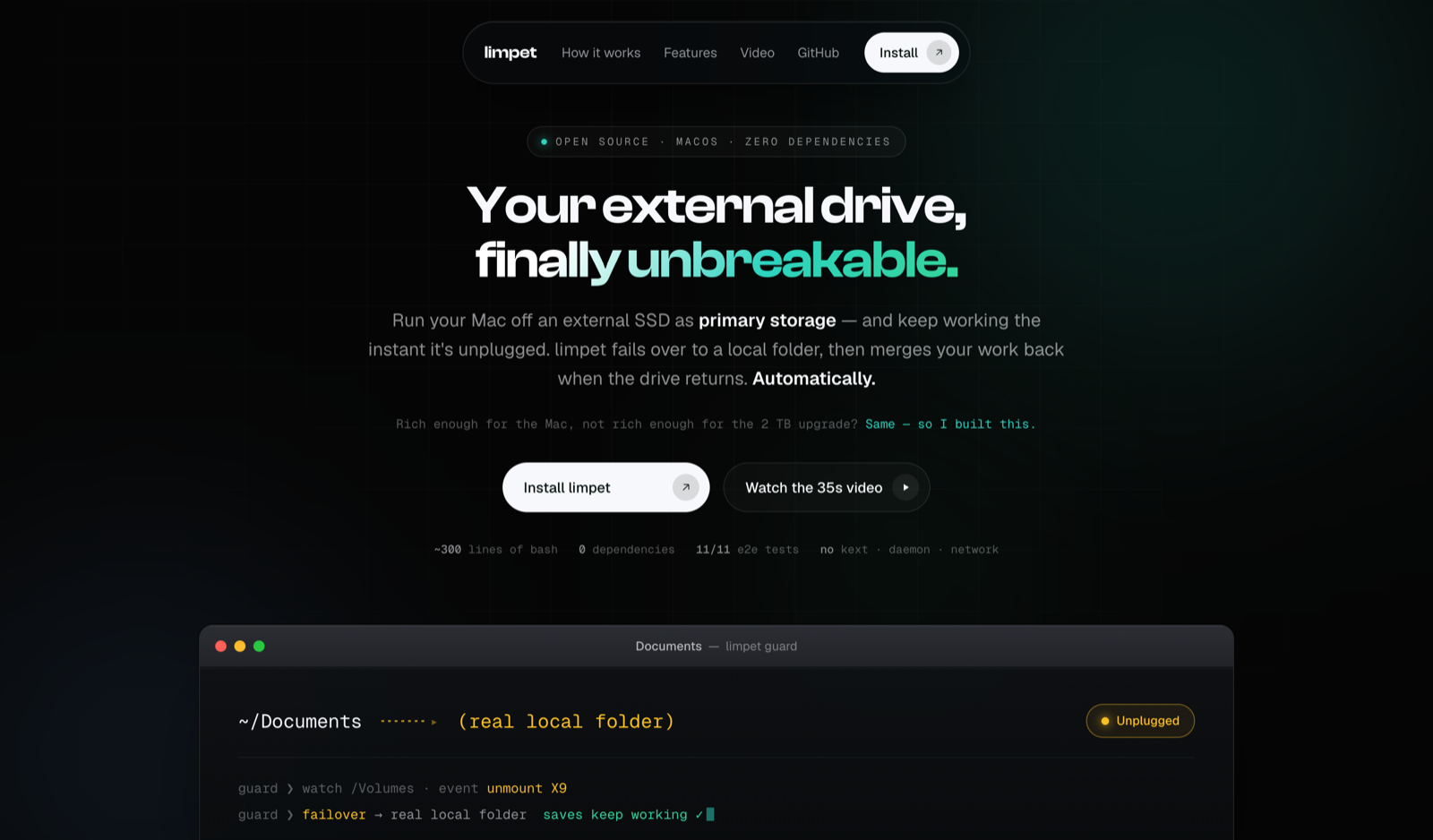 Limpet website introducing external-drive failover on macOS