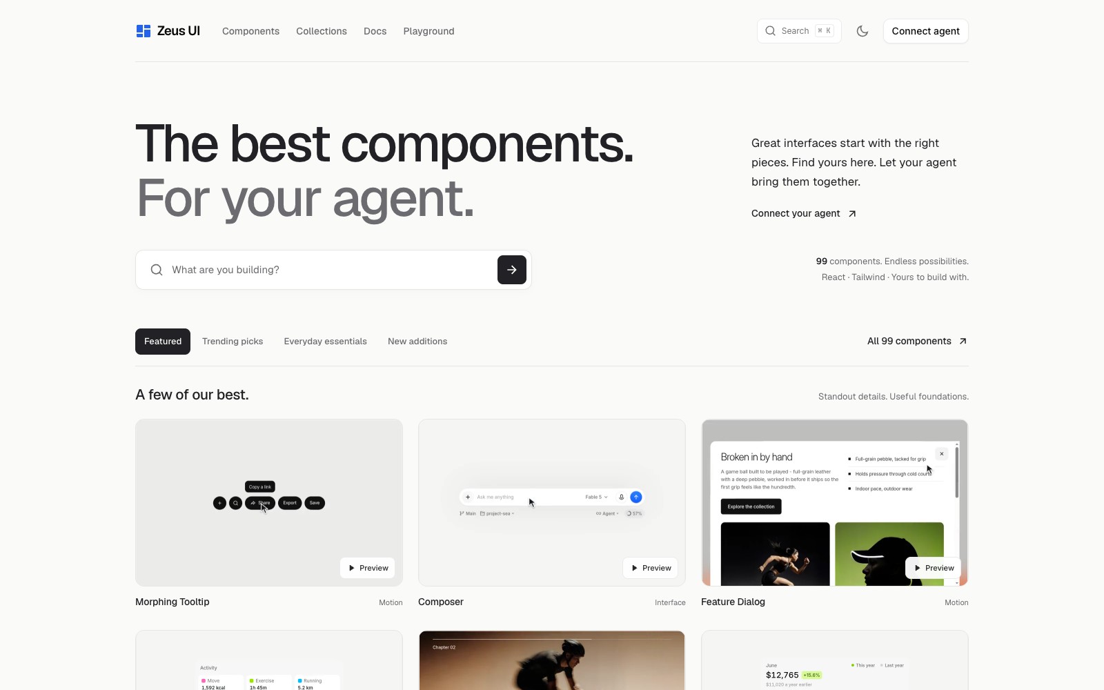 Zeus UI homepage with component previews and its 99-component collection